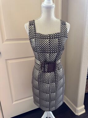 NWT Brown and Cream Midi Sheath Dress with Waist Belt